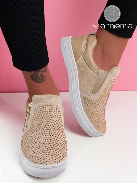 

Khaki Rhinestone Side Zip Casual Shoes, Flats