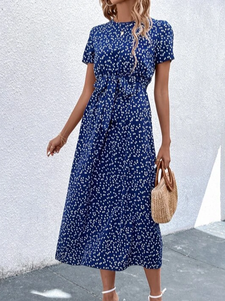

Loose Crew Neck Casual Polka Dots Dress With No Belt, Blue, Dresses