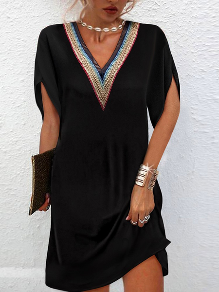 

Loose Simple Plain V Neck Lace Dress, Black, Midi Dresses