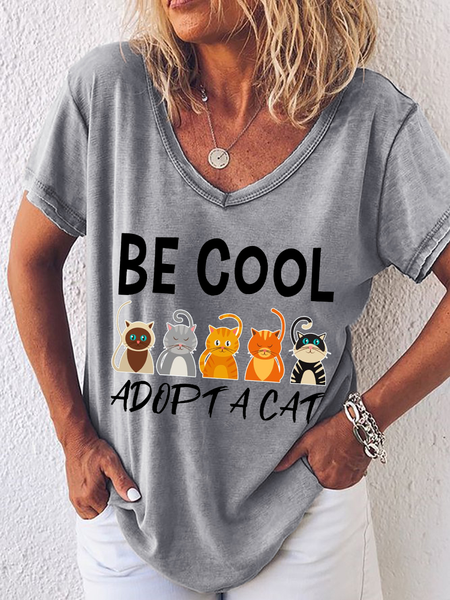 Women's Cat Lover Cat Adoption Loose Simple V Neck T-Shirt, Gray, T-shirts
