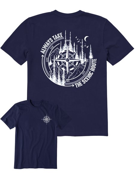 

Men's Always Take The Scenic Route Funny Wild Compass Outdoors Hiking Graphic Printing Front And Back Printed Tee Father's Day Gift Casual Cotton Text Letters T-Shirt, Purplish blue, T-shirts