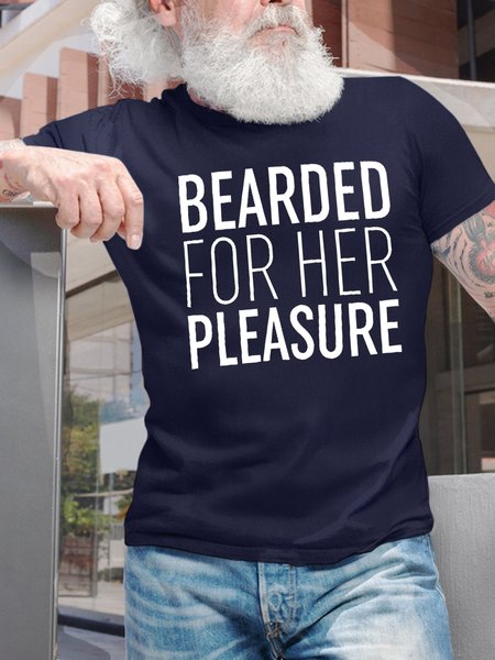 

Men's Bearded For Her Pleasure Funny Graphic Printing Casual Crew Neck Cotton Text Letters T-Shirt, Purplish blue, T-shirts