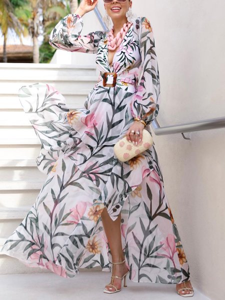 

Regular Fit Floral Vacation Maxi Dress With Belt, As picture, Maxi Dresses