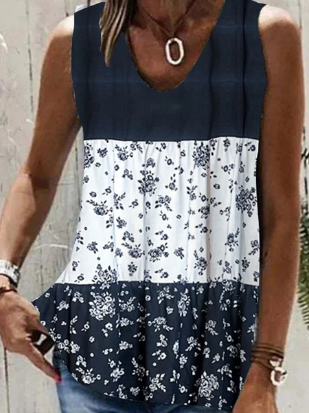 

Loose Casual Floral Printed Crew Neck Tank Top, Black-white, Tanks & Camis