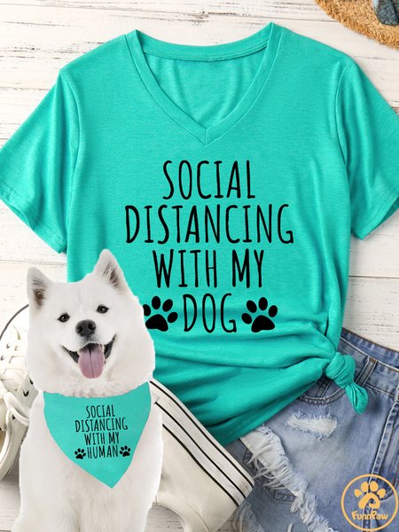 

Women's Social Distancing With My Dog Matching V Neck T-Shirt, Green, T-shirts