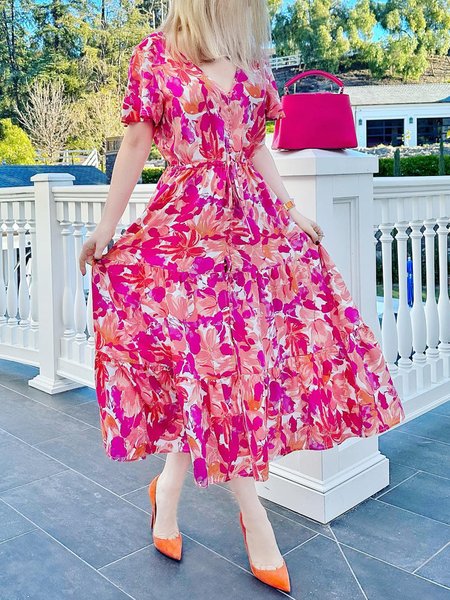 

Floral Vacation Regular Fit V Neck Midi Dress With No Belt, Pink, Midi Dresses
