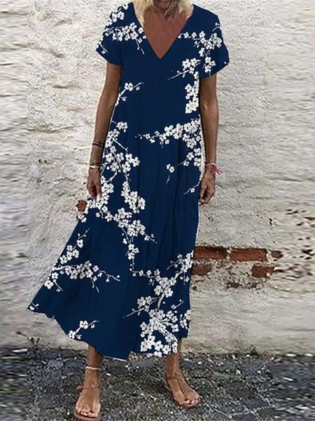

Casual Floral V Neck Dress With No Belt, Dark blue, Dresses