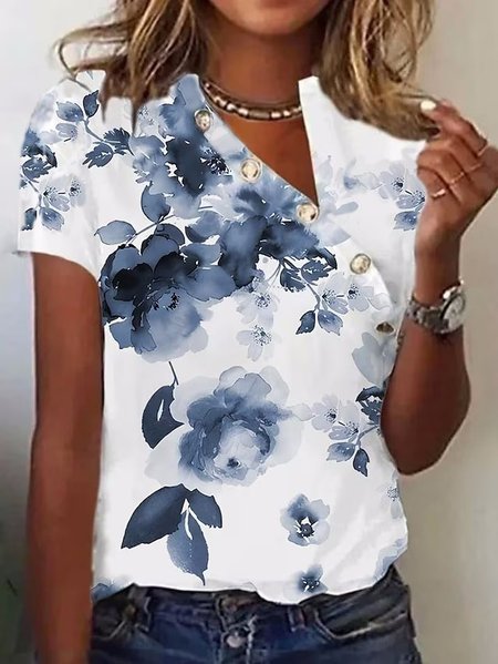 

Casual Loose Floral Asymmetrical T-Shirt, White, T-Shirts