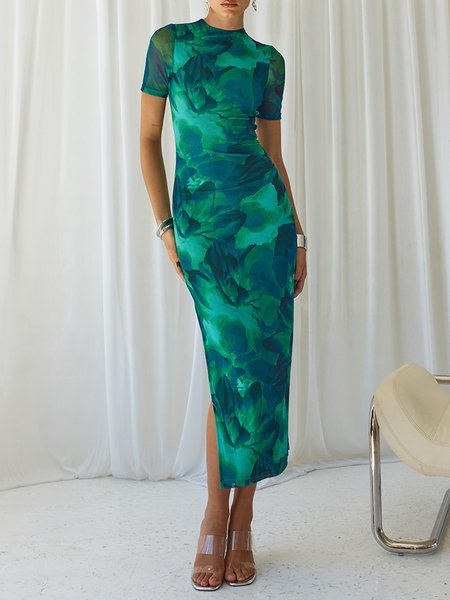 

Floral Vacation Crew Neck Short Sleeve Dress, Green, Maxi Dresses