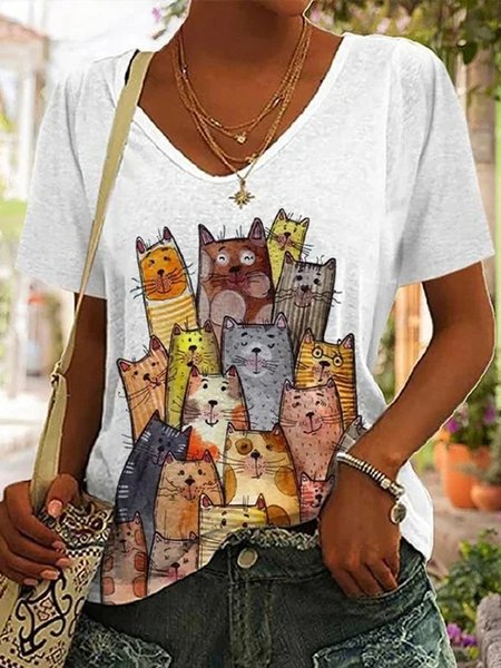 

Women's Fun Colored Cat Print V-Neck Top, White, T-Shirts