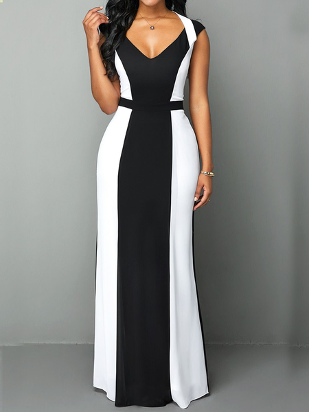 

V Neck Regular Fit Urban Dress, Black-white, Formal Dresses