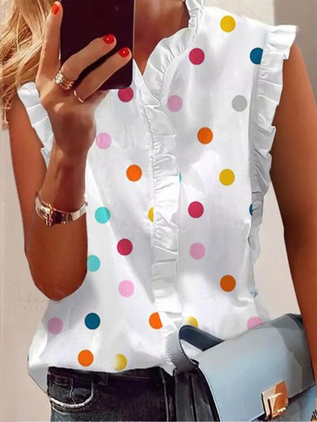 

Lotus Leaf Collar Polka Dots Casual Regular Fit Shirt, White, Shirts & Blouses