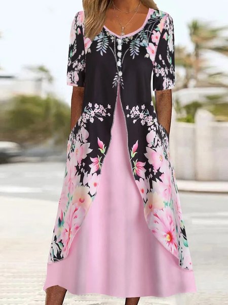 

Floral Loose Casual V Neck Dress, Pink, Dresses
