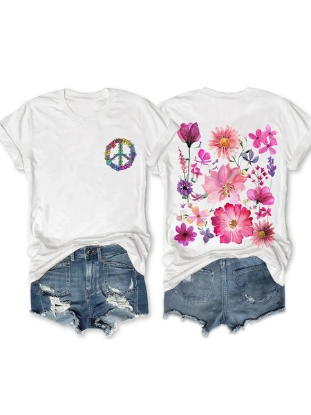 

Women's Wildflower Peace print Cotton Casual Crew Neck T-Shirt, White, T-shirts