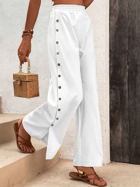 

Women Casual Plain Button Detail Split Hem Loose Elastic Waist Wide Leg Pants, White, Pants