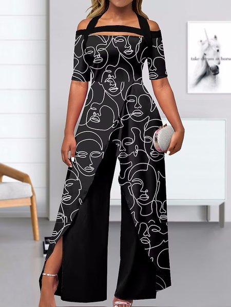 

Abstract Casual Loose Spaghetti Jumpsuit, Black, Jumpsuits＆Rompers
