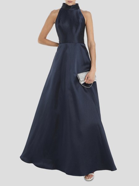 

Stand Collar Elegant Regular Fit Plain Dress, Dark blue, Maxi Dresses