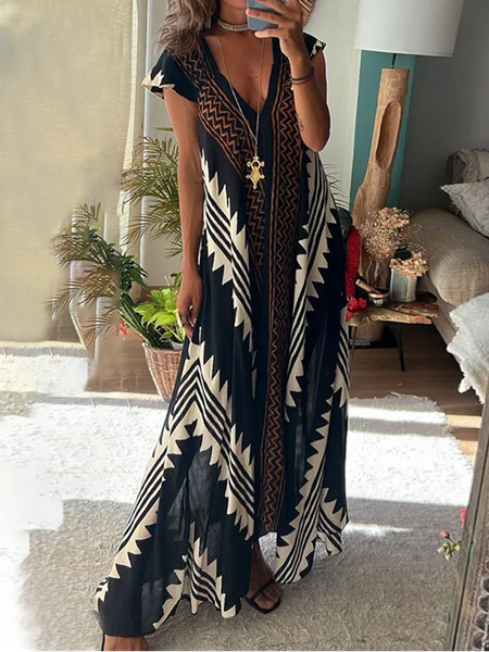

Casual Loose Geometric V Neck Dress, Black, Dresses