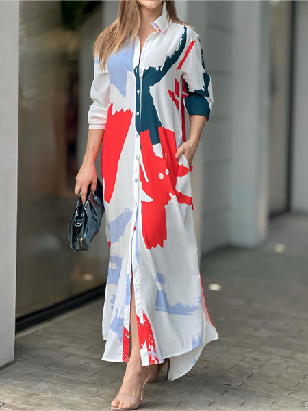 

Urban Shirt Collar Loose Long sleeve Abstract Maxi Dress No Belt Shirt Dress, As picture, Maxi Dresses