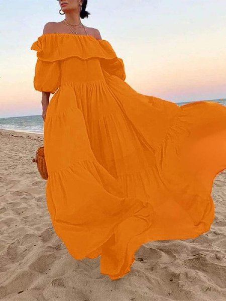 

Plain Cold Shoulder No Elasticity Dress, Orange, Maxi Dresses