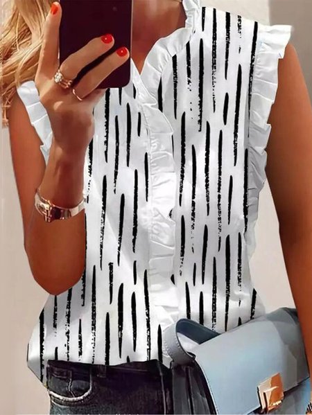 

Lotus Leaf Collar Abstract Graphic Casual Blouse, White, Shirts & Blouses
