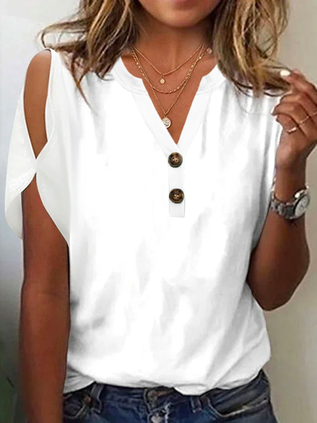 

Cold Shoulder Plain Notched Casual Blouse, White, Blouses