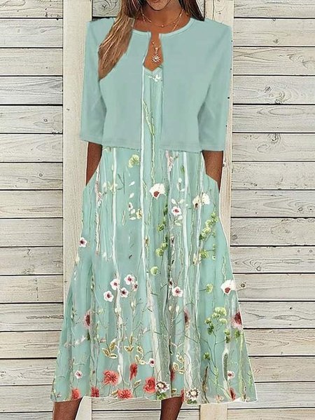 Floral V Neck Casual Two-Piece Set, Green, Floral Dresses