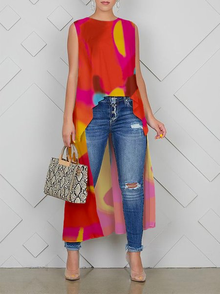 

Sleeveless Crew Neck Loose Casual Shirt, As picture, Blouses and Shirts