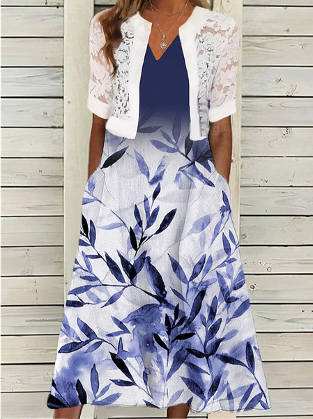 

V Neck Casual Ombre Leaf Two-Piece Set, Blue, Dresses