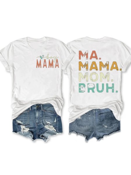 

Women's Cotton Mother's Day Boy Mama Mommy Mom Bruh Print Casual Crew Neck T-Shirt, White, T-shirts