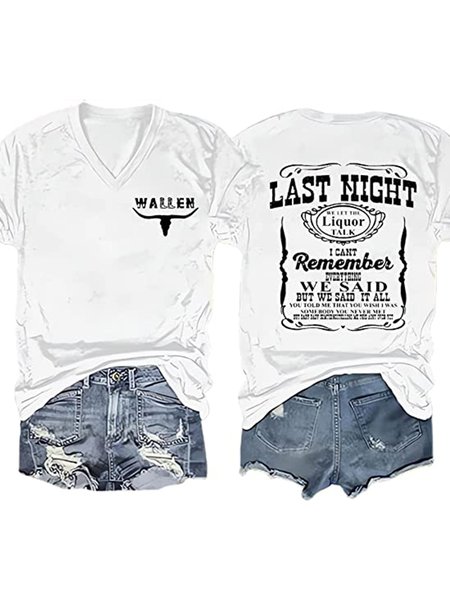 

Women's Wallen Last Night We Let Liquor Talk Western Cattle Skull Print V-Neck Casual T-Shirt, White, T-shirts