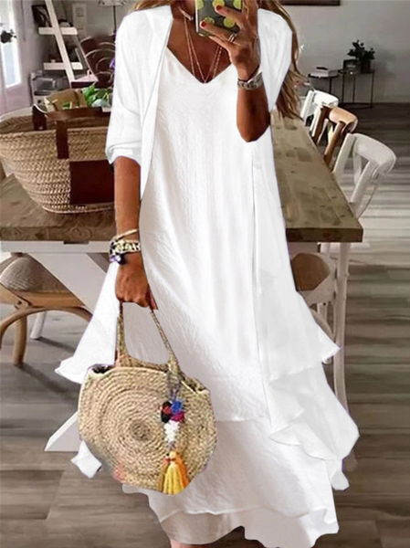 V Neck Simple Loose Two-Piece Set, White, Formal Dresses