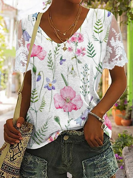 

Floral Casual Loose Lace Sleeve T-Shirt, White, T-Shirts