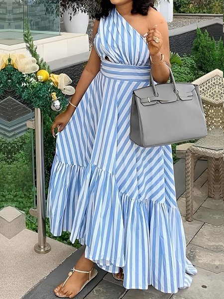 

One Shoulder Vacation Striped Sleeveless Dress, Blue, Maxi Dresses
