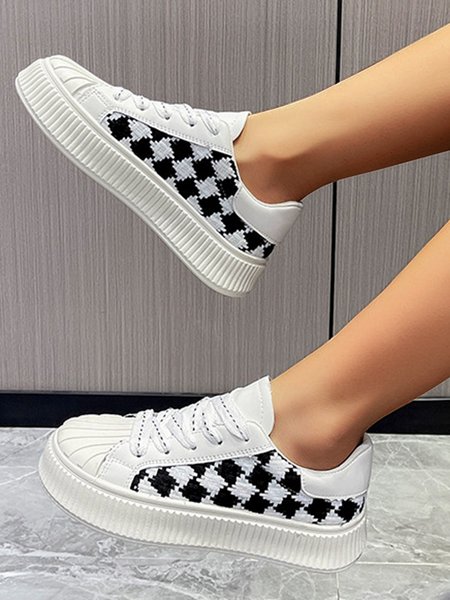 

Black and White Checkerboard Khaki Houndstooth Casual Sneakers, Sneakers