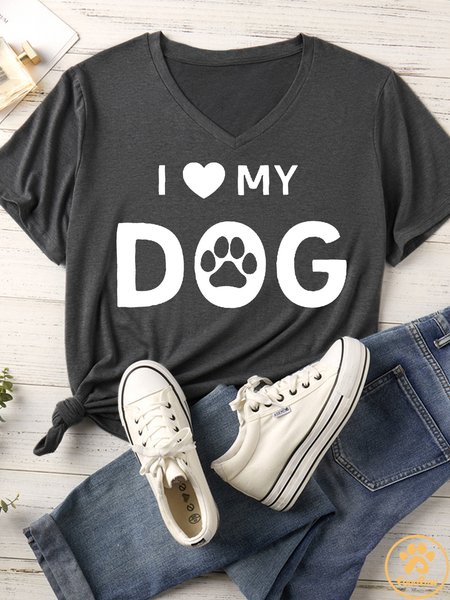 

Lilicloth X Funnpaw Women's I Love My Dog Matching V Neck T-Shirt, Gray, T-shirts