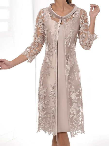 

Crew Neck Plain Lace Elegant Two-Piece Set, Pink, Formal Dresses