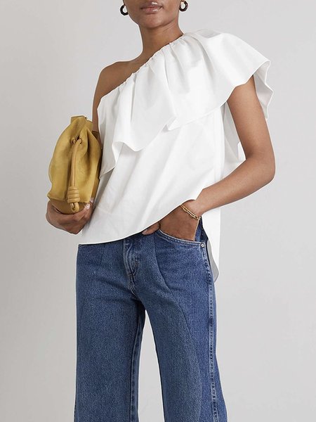

Regular Size Urban One Shoulder Loose Shirt, White, Blouses and Shirts