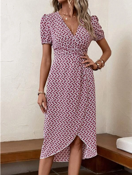 

Geometric V Neck Elegant Dress With No Belt, Red, Dresses