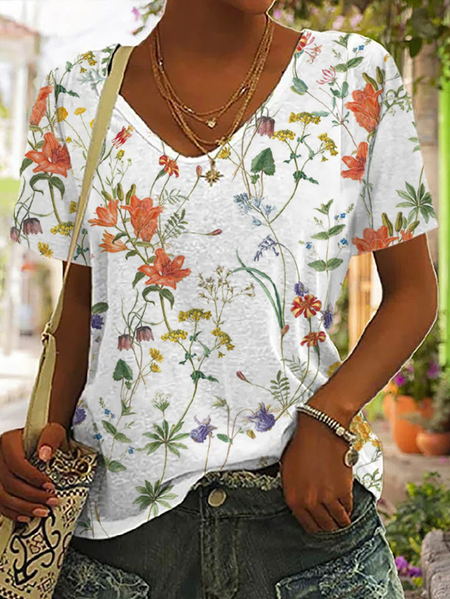 

Casual V Neck Floral Loose T-Shirt, White, T-shirts