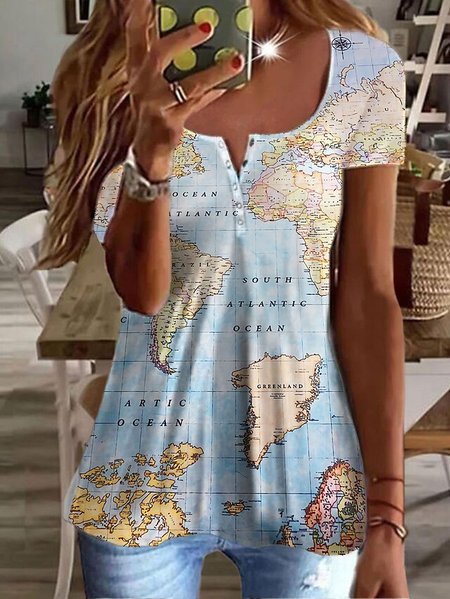 

Casual Crew Neck Map Pattern Loose T-Shirt, Blue, T-Shirts