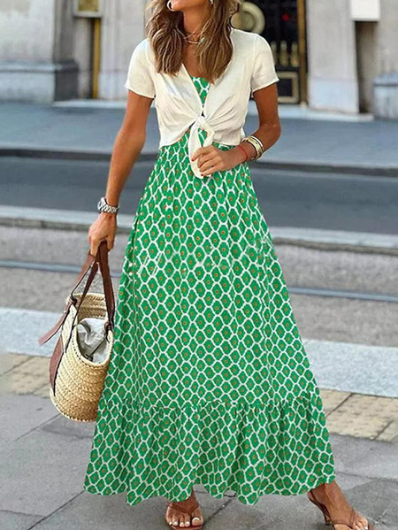 

Loose Casual V Neck Geometric Dress With No Belt, Green, Dresses