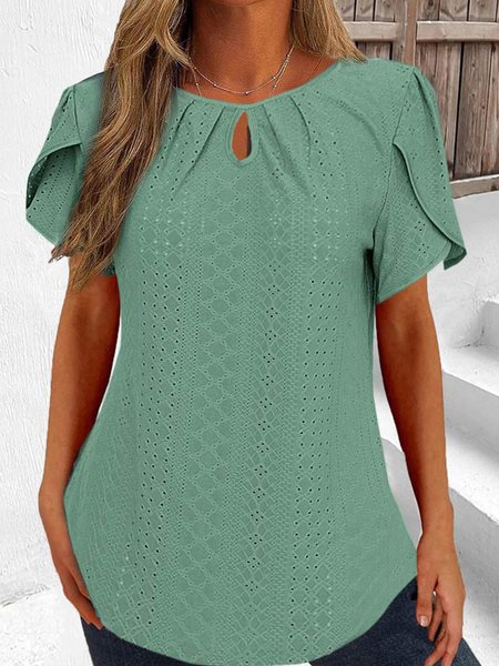 

Plain Loose Notched Casual Petal Sleeve Blouse, Green, Blouses