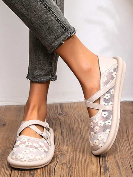 

Vacation Floral Lace Air Mesh Panels Mary Jane Flats, Apricot, Flats
