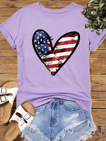 

Women’s American Flag Cute July 4th Independence Day Patriotic Casual Crew Neck T-Shirt, Purple, T-shirts