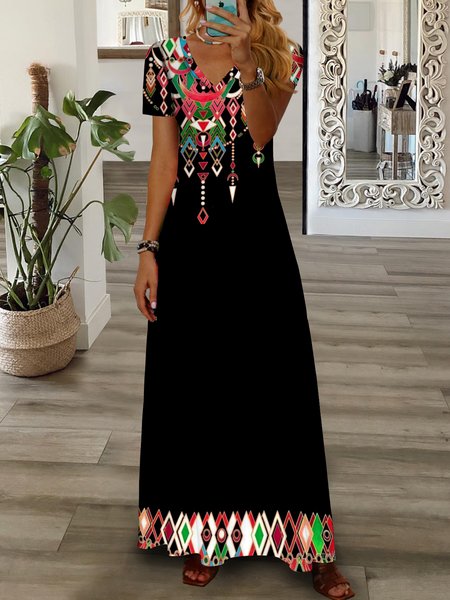 

Casual V Neck Loose Ethnic Dress, Black, Casual Dresses