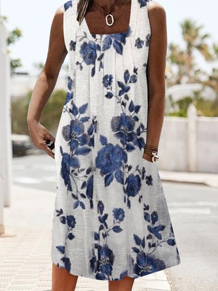 

Casual Floral Loose Dress With No Belt, Blue, Dresses