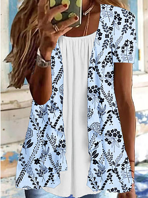 Casual Crew Neck Floral Loose Shirt, Blue, Shirts & Blouses