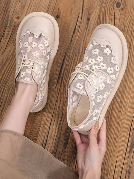 

Floral Lace Mesh Paneled Leather Slip-ons, Apricot, Flats