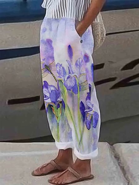 

Casual Floral Loose Pants, Blue, Pants